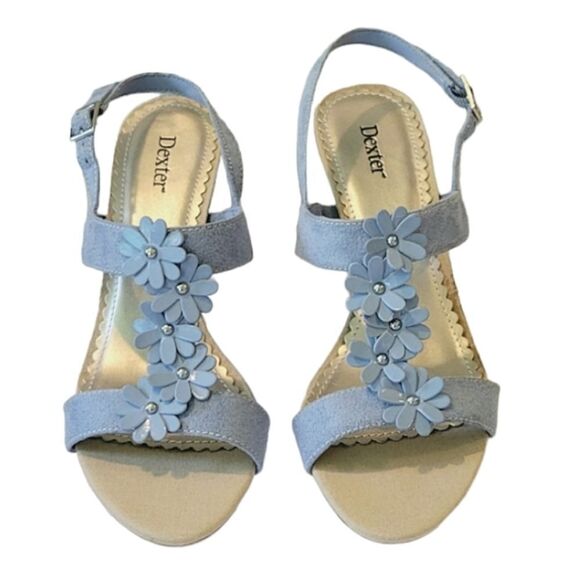 Dexter Lotus Blue Floral T-Strap  Slingback Wedge Sandal Size 6.5 - Picture 4 of 9